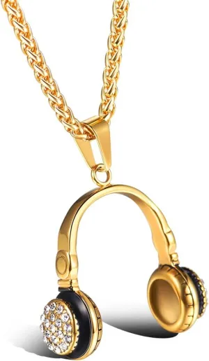 U7 Rock Music Necklace with Adjustable Chain, Stainless Steel 18K Gold Plated Hip Hop Punk Rock Sign Horn/Headphone/Microphone Necklaces for Men Women Teens