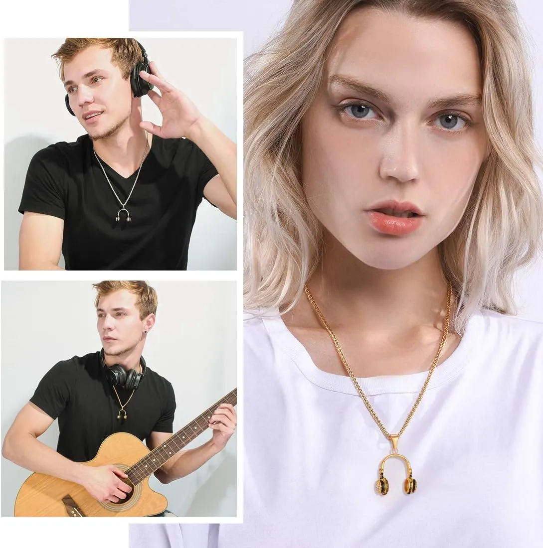 U7 Rock Music Necklace with Adjustable Chain, Stainless Steel 18K Gold Plated Hip Hop Punk Rock Sign Horn/Headphone/Microphone Necklaces for Men Women Teens