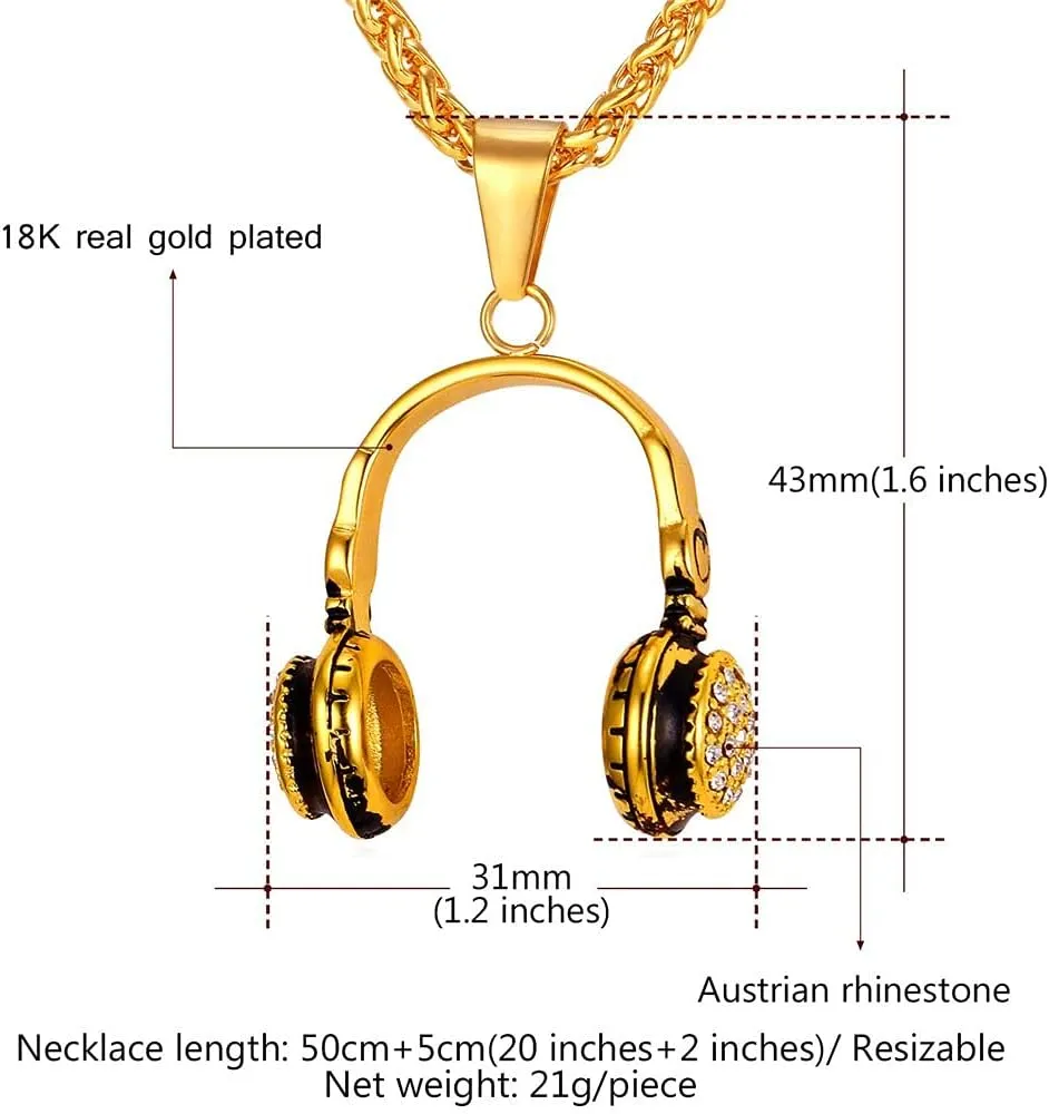 U7 Rock Music Necklace with Adjustable Chain, Stainless Steel 18K Gold Plated Hip Hop Punk Rock Sign Horn/Headphone/Microphone Necklaces for Men Women Teens