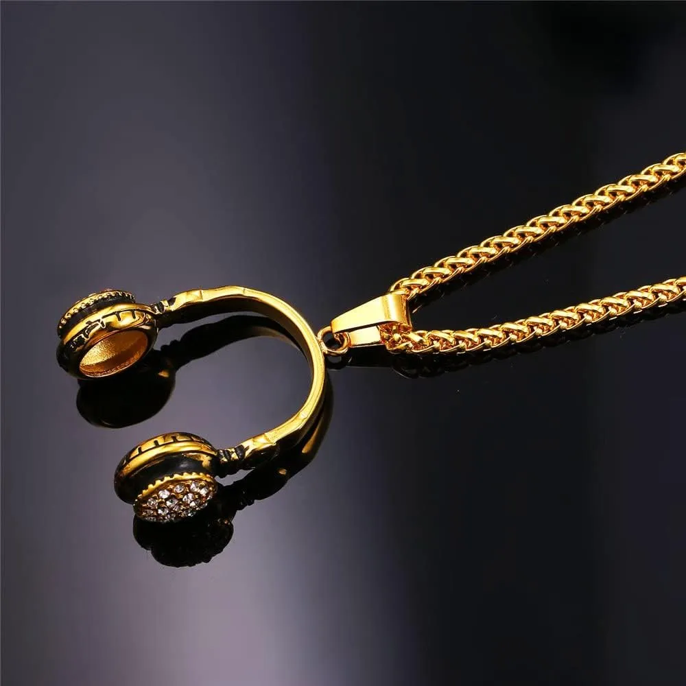 U7 Rock Music Necklace with Adjustable Chain, Stainless Steel 18K Gold Plated Hip Hop Punk Rock Sign Horn/Headphone/Microphone Necklaces for Men Women Teens