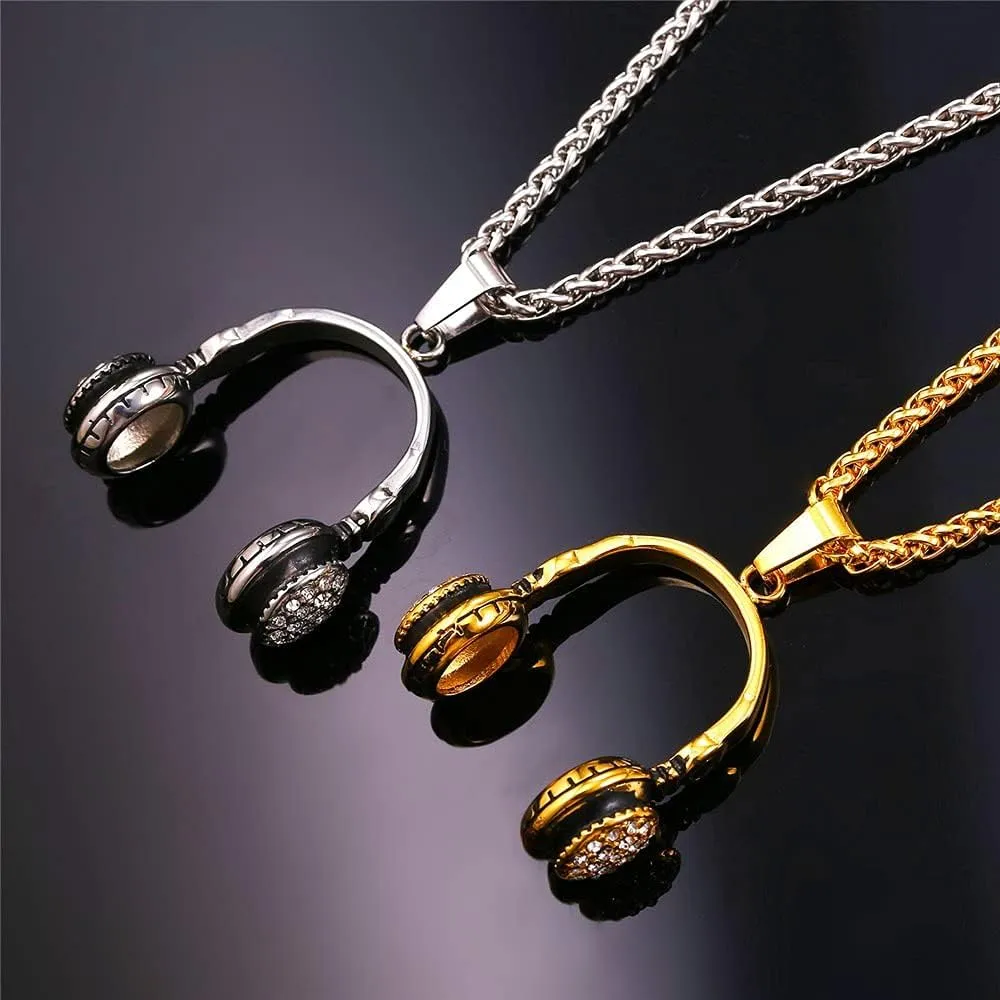 U7 Rock Music Necklace with Adjustable Chain, Stainless Steel 18K Gold Plated Hip Hop Punk Rock Sign Horn/Headphone/Microphone Necklaces for Men Women Teens