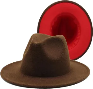 Unisex Two Colors Fedora Hats for Men Women Vintage Wide Brim Church Panama Jazz Cap for Party Wedding Coffee and Red