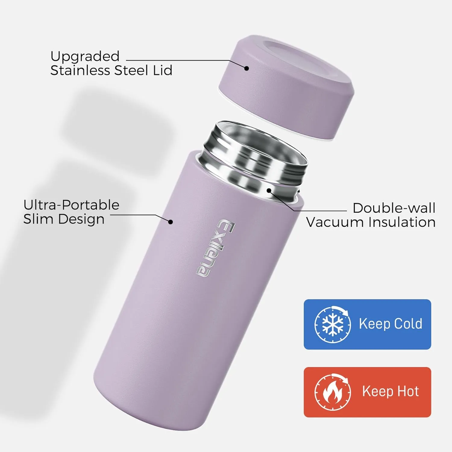 UpgradedExllena Small Insulated Water Bottle 8 oz/250ml Mini Insulated Water Bottle for Hot & Cold Drinks, Perfect Small Water Bottle for Travel, Purse...(Light Purple)