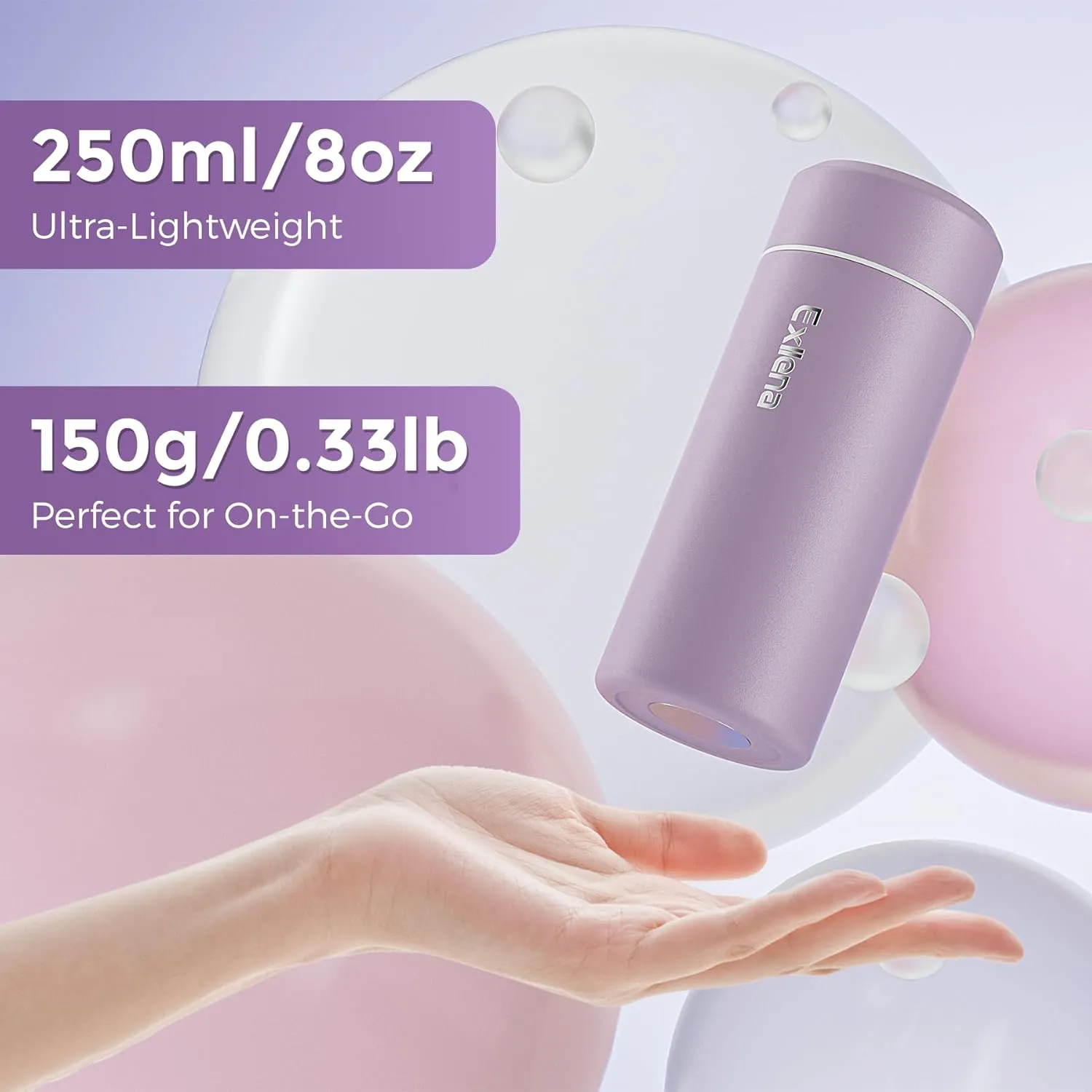 UpgradedExllena Small Insulated Water Bottle 8 oz/250ml Mini Insulated Water Bottle for Hot & Cold Drinks, Perfect Small Water Bottle for Travel, Purse...(Light Purple)