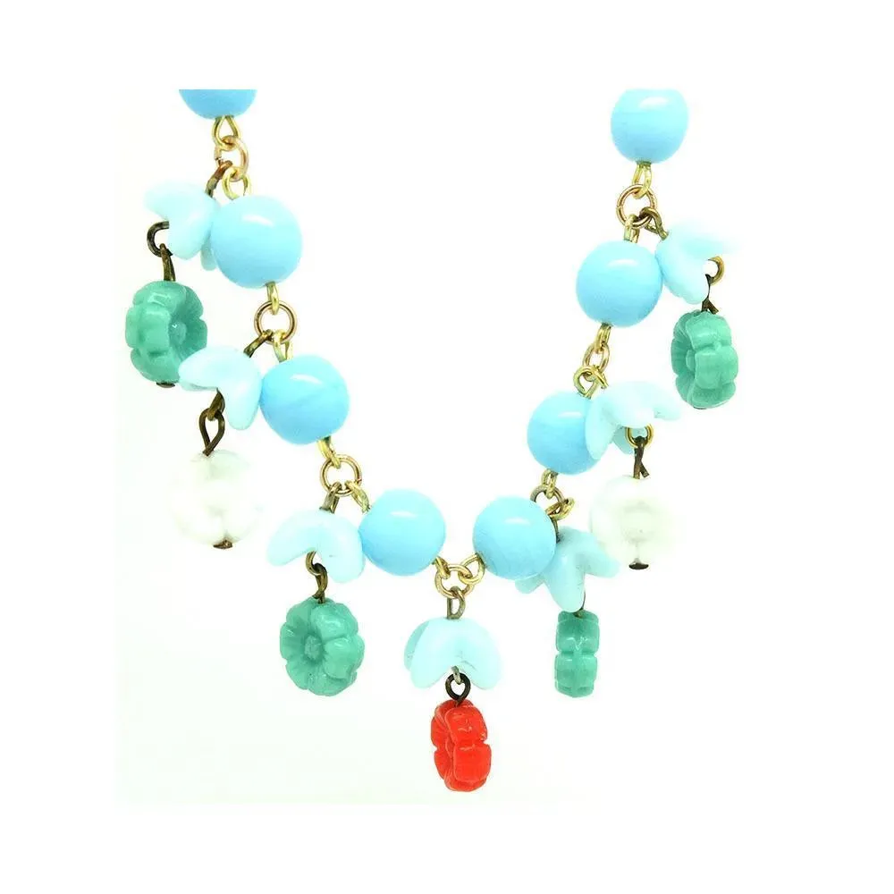 Vintage 1930s Rolled Gold Blue Beaded Necklace