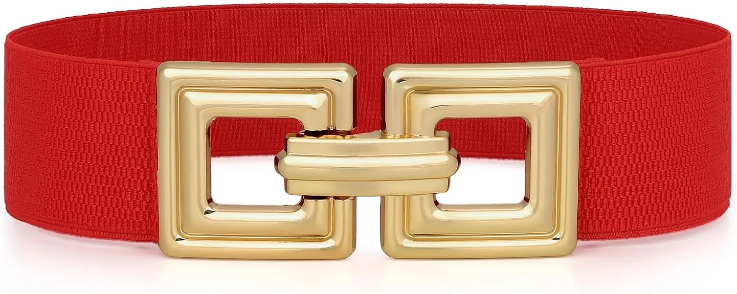 WHIPPY Women Wide Elastic Waist Belt Fashion Hollow Out Square Gold Buckle Stretchy Belt Waistband for Ladies