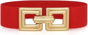 WHIPPY Women Wide Elastic Waist Belt Fashion Hollow Out Square Gold Buckle Stretchy Belt Waistband for Ladies