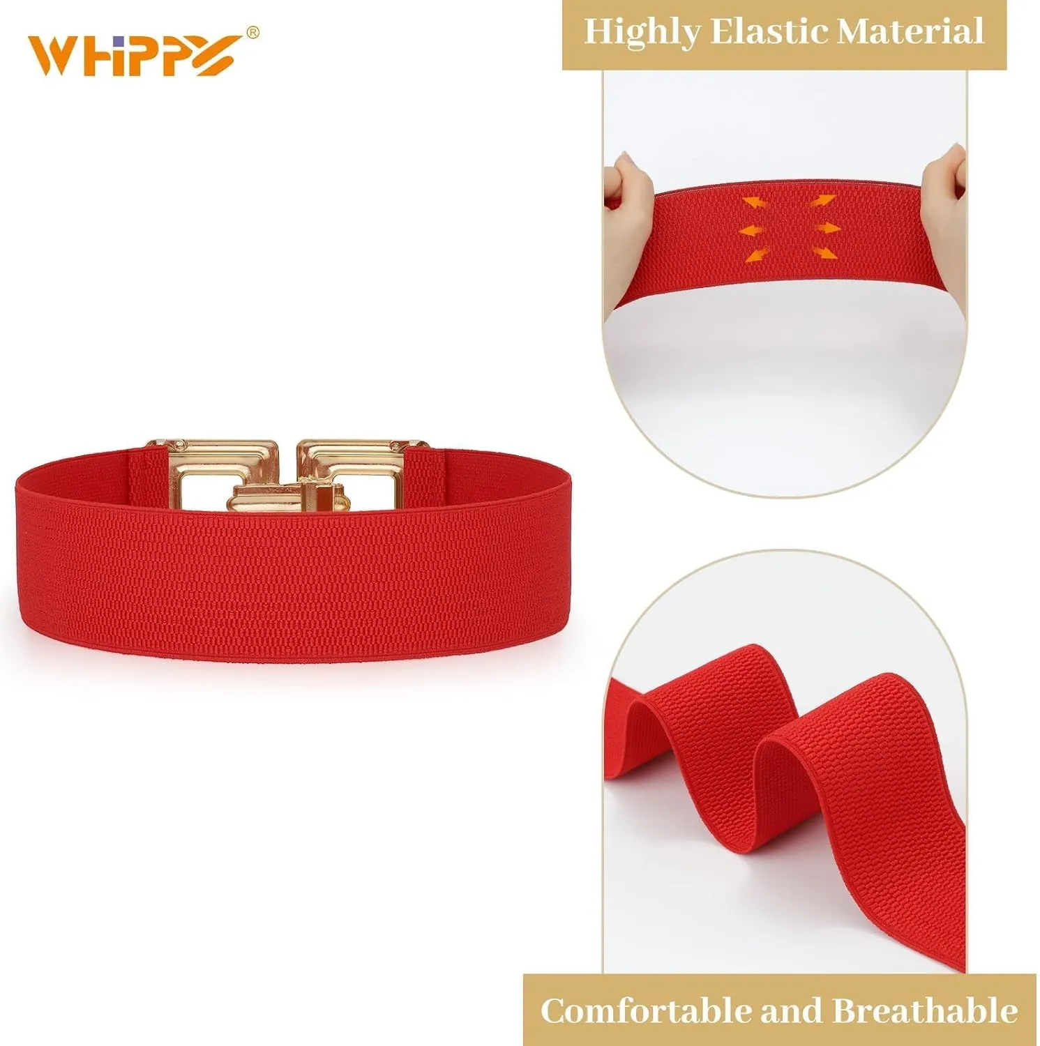 WHIPPY Women Wide Elastic Waist Belt Fashion Hollow Out Square Gold Buckle Stretchy Belt Waistband for Ladies