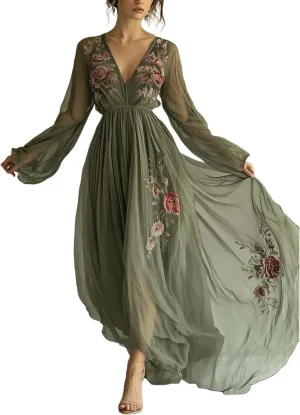 Womens 2025 Summer Popular Green Floral Print Maxi Dress Wrap V-Neck Long Sleeve Cinched Waist Tea Party Flowy Dresses
