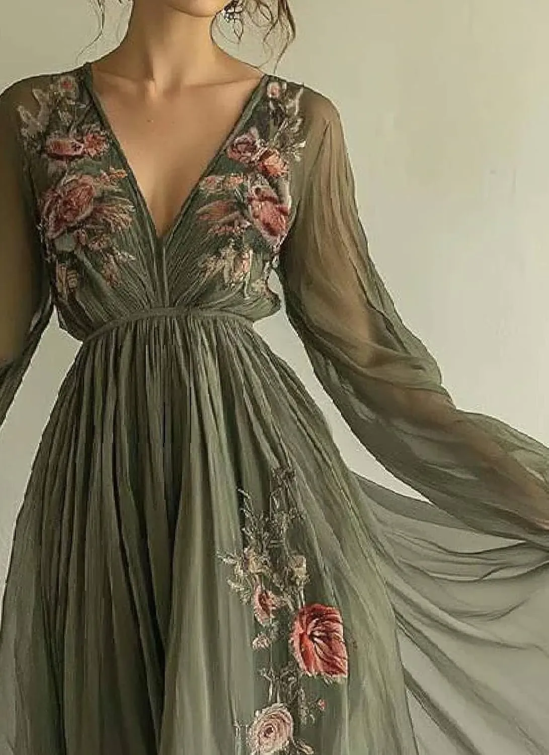 Womens 2025 Summer Popular Green Floral Print Maxi Dress Wrap V-Neck Long Sleeve Cinched Waist Tea Party Flowy Dresses