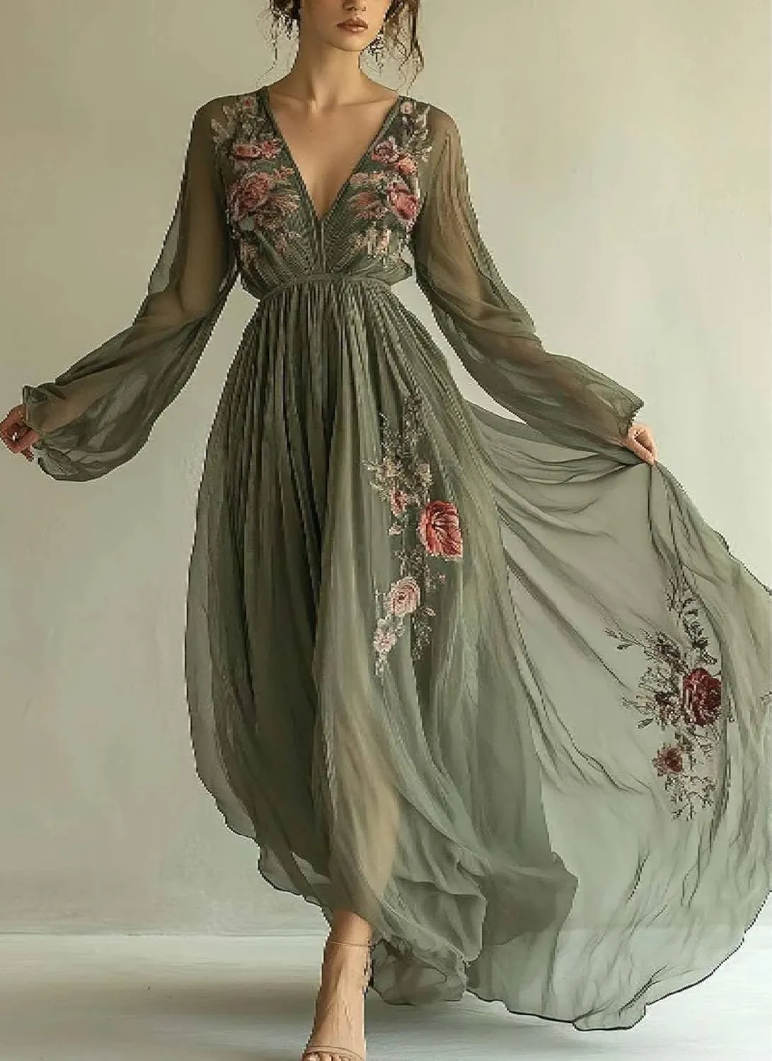 Womens 2025 Summer Popular Green Floral Print Maxi Dress Wrap V-Neck Long Sleeve Cinched Waist Tea Party Flowy Dresses