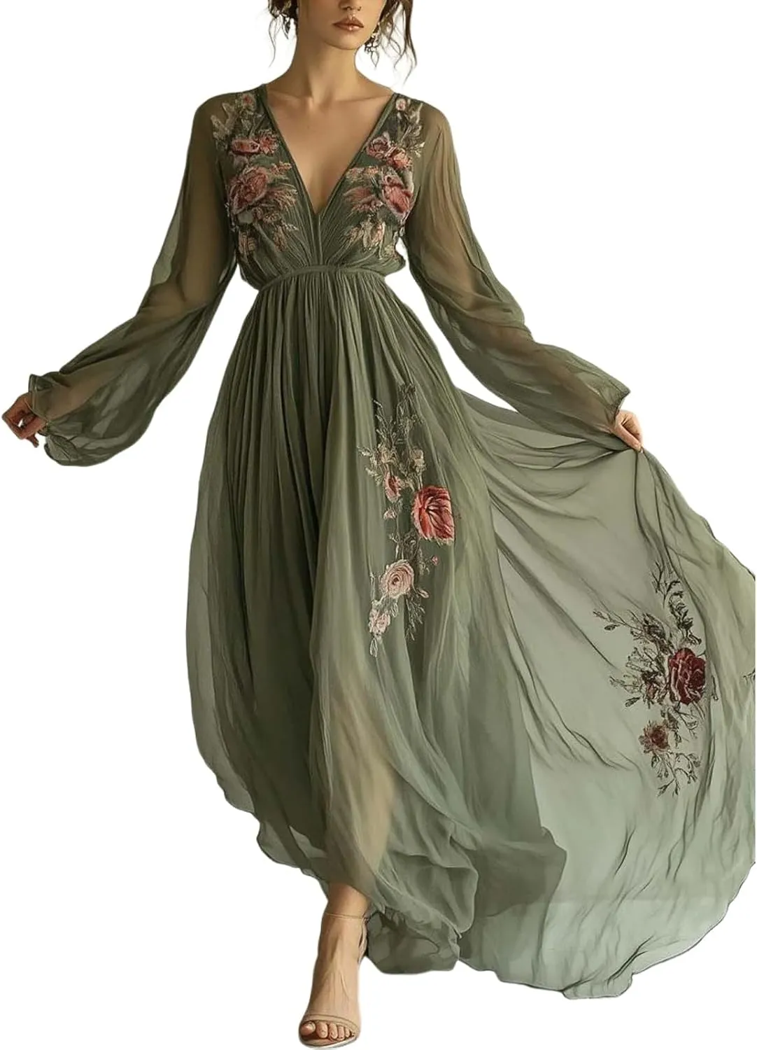 Womens 2025 Summer Popular Green Floral Print Maxi Dress Wrap V-Neck Long Sleeve Cinched Waist Tea Party Flowy Dresses