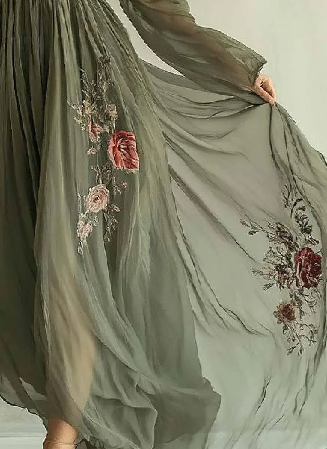 Womens 2025 Summer Popular Green Floral Print Maxi Dress Wrap V-Neck Long Sleeve Cinched Waist Tea Party Flowy Dresses