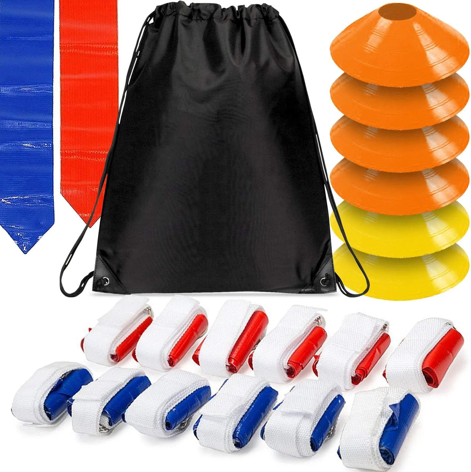 WYZworks 12 Player 3 Flag Football Kit Set - 12 Belts with 36 Flags BONUS 6 Cones   Travel Bag