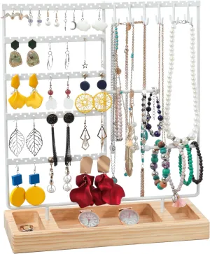 X-cosrack Earring Holder, 5-Tier Jewelry Organizer with Wooden Tray, 132 Holes, White Natural