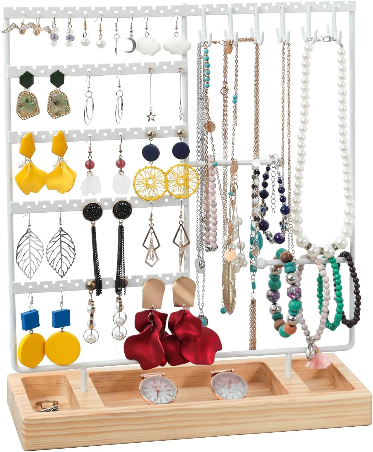 X-cosrack Earring Holder, 5-Tier Jewelry Organizer with Wooden Tray, 132 Holes, White Natural