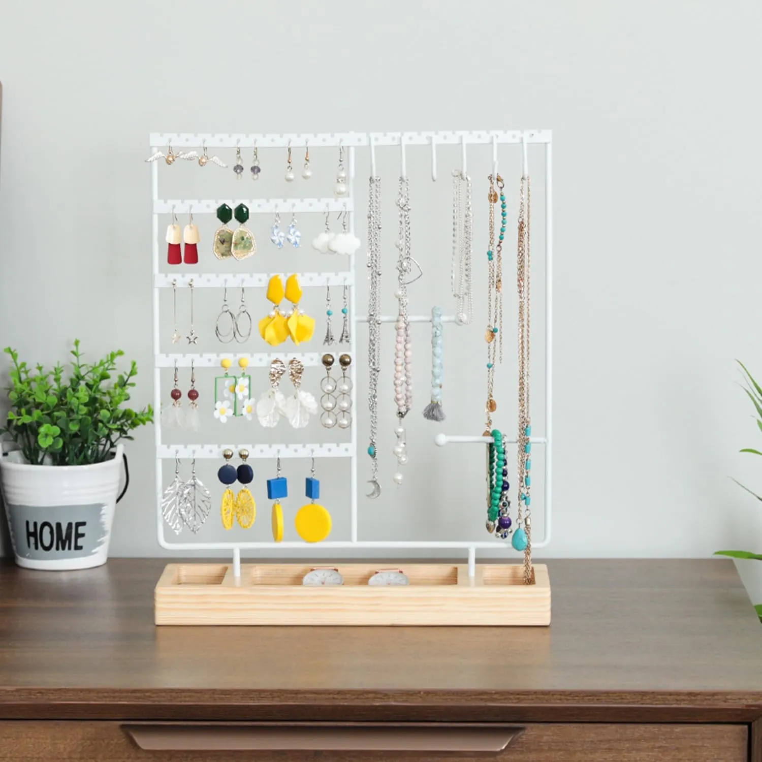 X-cosrack Earring Holder, 5-Tier Jewelry Organizer with Wooden Tray, 132 Holes, White Natural
